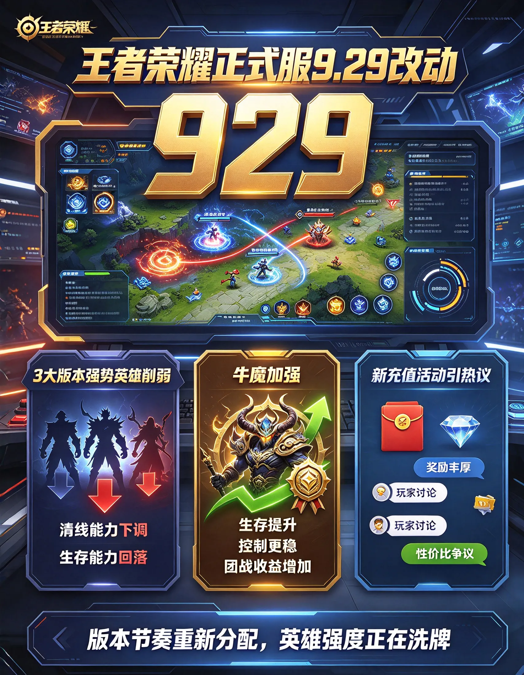 王者荣耀9.29版本更新全解析:三大T0恶霸遭削弱,牛魔重做归来,国庆充值活动引争议(图1) 王者荣耀9.29版本更新全解析:三大T0恶霸遭削弱,牛魔重做归来,国庆充值活动引争议(图1)